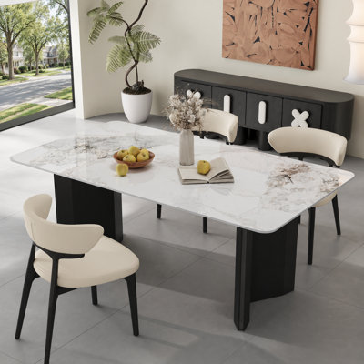 Table de salle à manger de 63 po en marbre blanc minimaliste moderne avec pieds en acier inoxydable noir et table rectangulaire pour 6 à 8 personnes