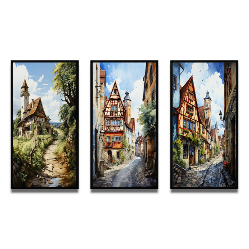 "Allemagne campagne" 3 pièces sur toile, H 28 po x l 36 po, Cadre noir