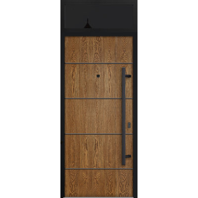 Porte d'entrée extérieure prémontée en acier Deux 6683, partie supérieure en chêne naturel, fenêtre extérieure latérale, imposte, métal peint, largeur 36 po x hauteur 80 + 16 po, ouverture à gauche vers l'intérieur