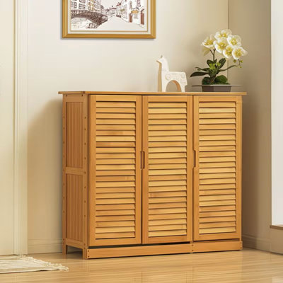 Armoire de rangement pour chaussures à 5 niveaux en bambou; Pose libre avec portes à volets, support de rangement pour armoire à chaussures autoportant pour vestibule étroit, couloir, salon
