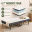 Lit simple pliant noir avec matelas et roulettes verrouillables, lit d'invité en acier avec support à 8 lattes et mousse viscoélastique imprégnée de gel, capacité de poids de 300 lb, avec housse de protection et outils