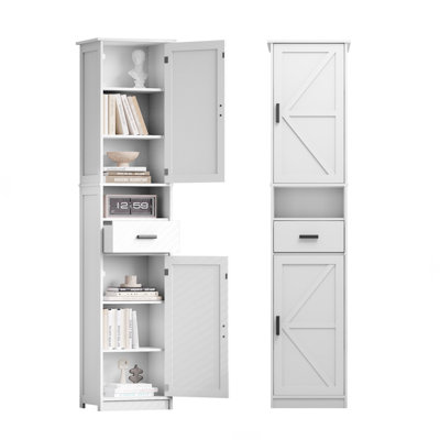Armoire de rangement de 69 po de hauteur avec 2 portes de grange et 1 tiroir, unité de rangement étroite, tablettes réglables, armoire de plancher pour la salle de bain, le salon, le vestibule, la cuisine (blanc)