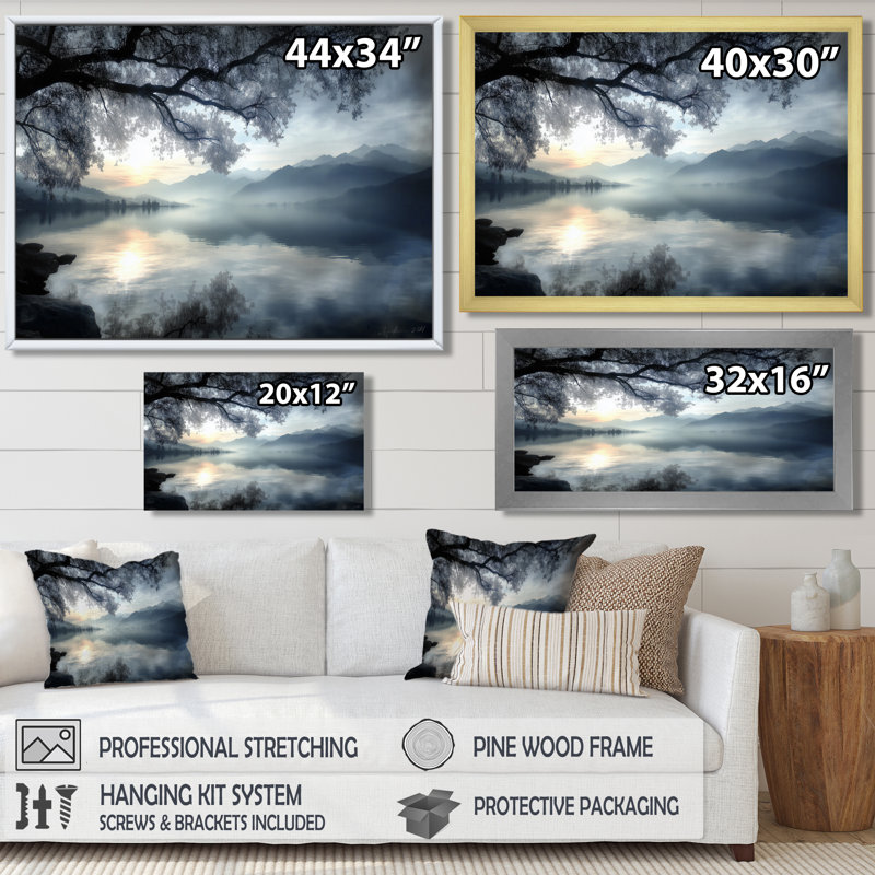 «Serene Lake At Dawn With First Light», impression d'art sur toile, paysage bleu, H 12 po x l 20 po, Cadre photo unique, Noir