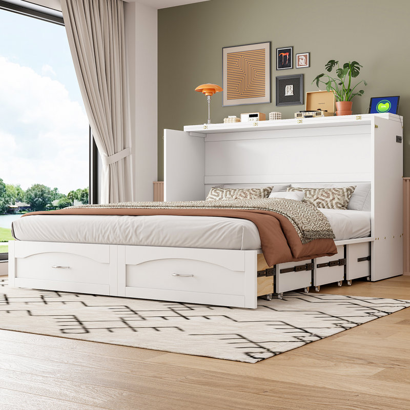 Lit escamotable mural Murphy avec tiroir et ensemble de prises et de ports USB, Blanc