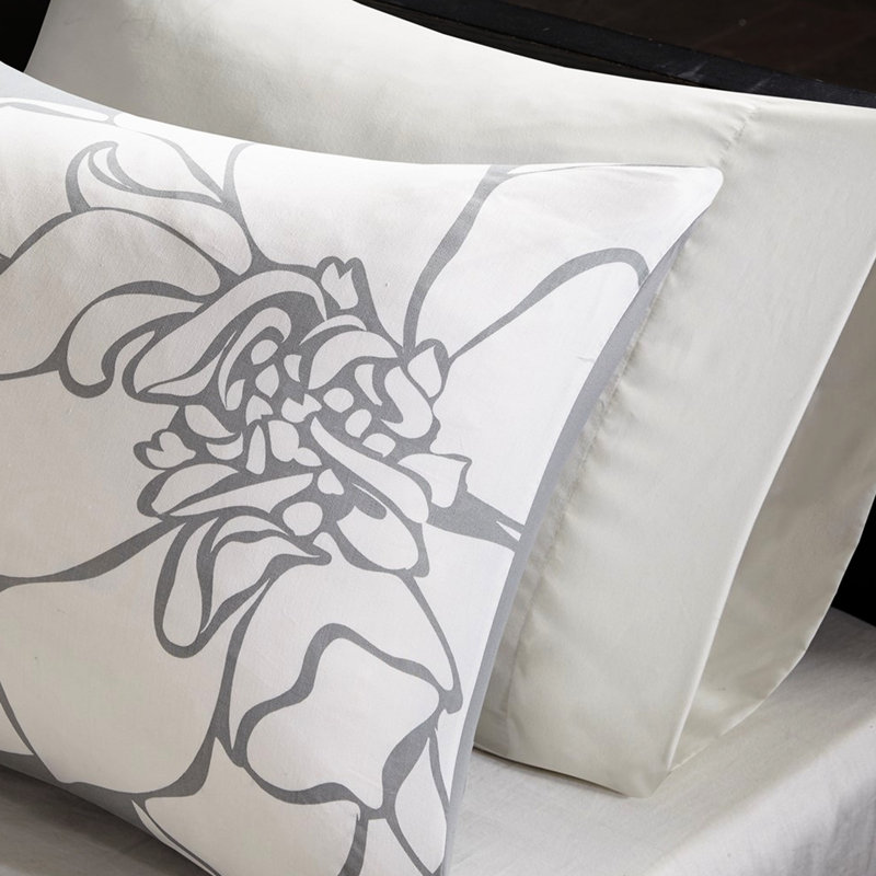 Édredon imprimé en coton pour lit simple / simple TG - gris / pêche, jupe de lit et 3 coussins décoratifs attrayants