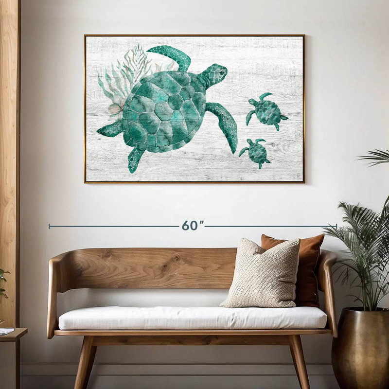 Famille de tortues en bois, 46 po x 31 po, Cadre flottant doré