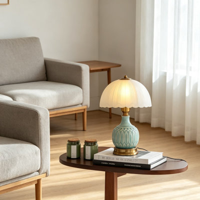 Lampe de table rétro en céramique avec abat-jour en verre - Lampe de chevet moderne Mid-Century de 16 po pour le salon, la chambre à coucher ou le bureau - Éclairage à DEL à intensité variable à 3 niveaux - Classic Chinoiserie Home Decor