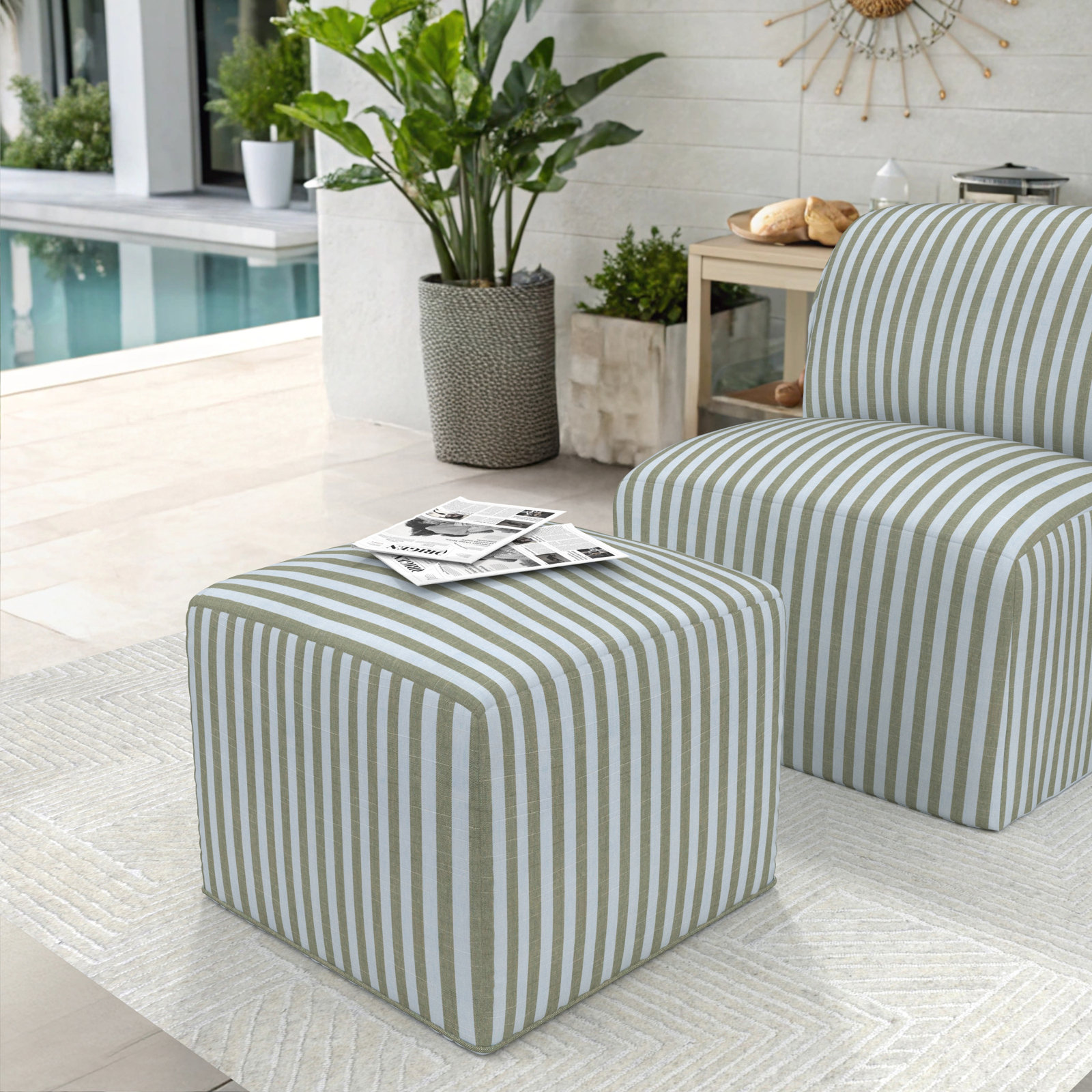Praia Sunbrella® Outdoor Ottoman, 18" H x 22" W x 22" D, Sail Away Aloe