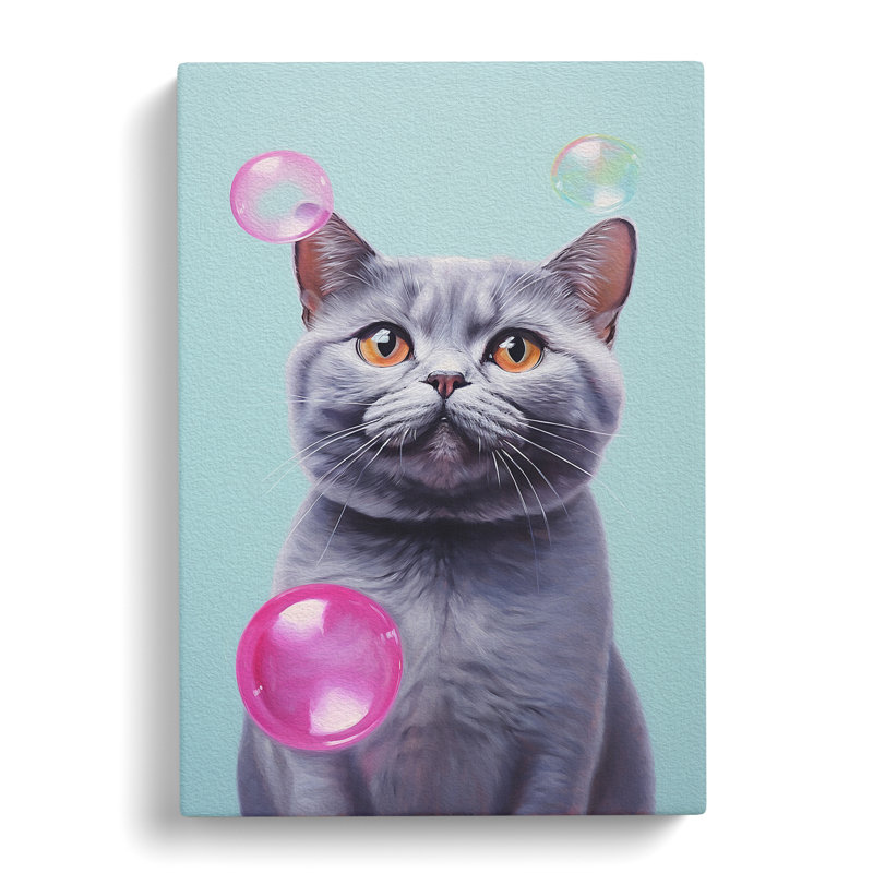 British Shorthair Cat Bubble Gum Painting - Wrapped Canvas, 60cm H x 40cm W x 3cm D