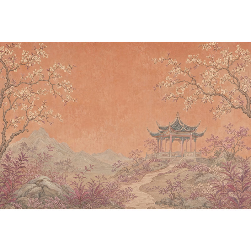 Papier peint paysage asiatique Pavillon de jardin asiatique amovible, 160"x108", Textured Non-Pasted