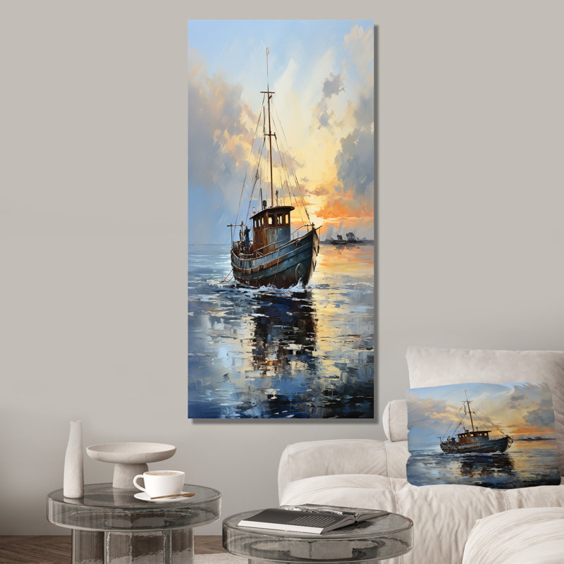 «Lake Fishers Boat Twilight III» - art mural bateau côtier, Toile tendue, H 60 po x l 28 po x P 1,5 po