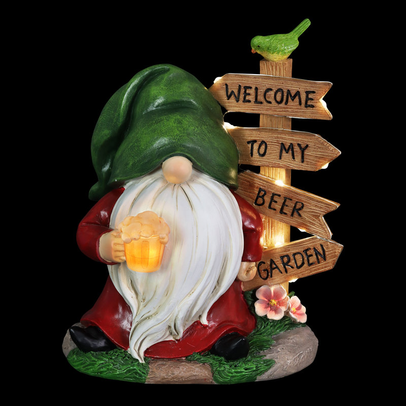 Solar Gnome with Welcome to My Beer Garden Sign
