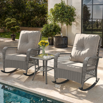 3-Piece Oversized Outdoor Rocking Chair Set with All-Weather Wicker, Thick Cushions and Glass-Top Side Table
