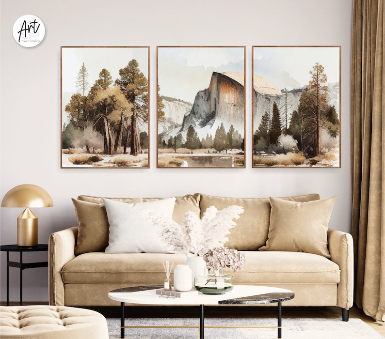 Parc national de Yosemite, ensemble de 3 aquarelles, montagnes, Affiche non encadrée, H 14 po x l 33 po