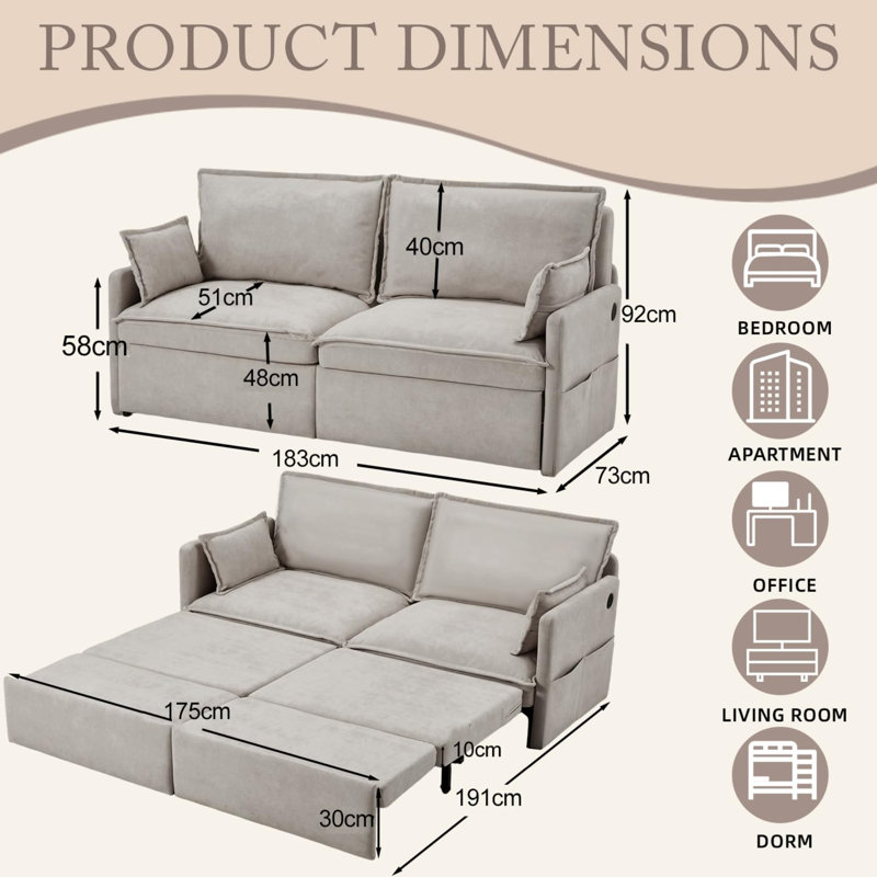 2 Seater Fabric Sofa Bed, Grey