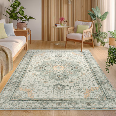 Tapis lavable à la machine de 7 x 10 pi, tapis d'aspect cachemire avec envers antidérapant et bordure durable, tapis de style bohémien convenant au salon, à la chambre à coucher et à la salle à manger