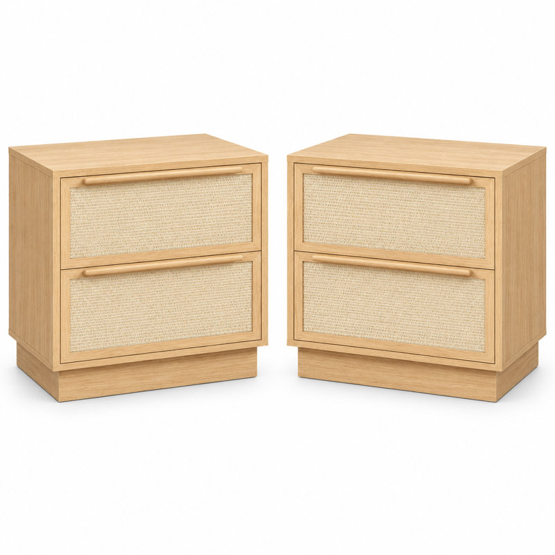 Table de chevet à 2 tiroirs en bois naturel avec façades en rotin tressé texturé - Description, Chêne naturel