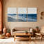 Nautique et plage, vagues océaniques, ciel, horizon, eau, sable, sable, réflexion, ensemble de 3 impressions sur toile-477133480