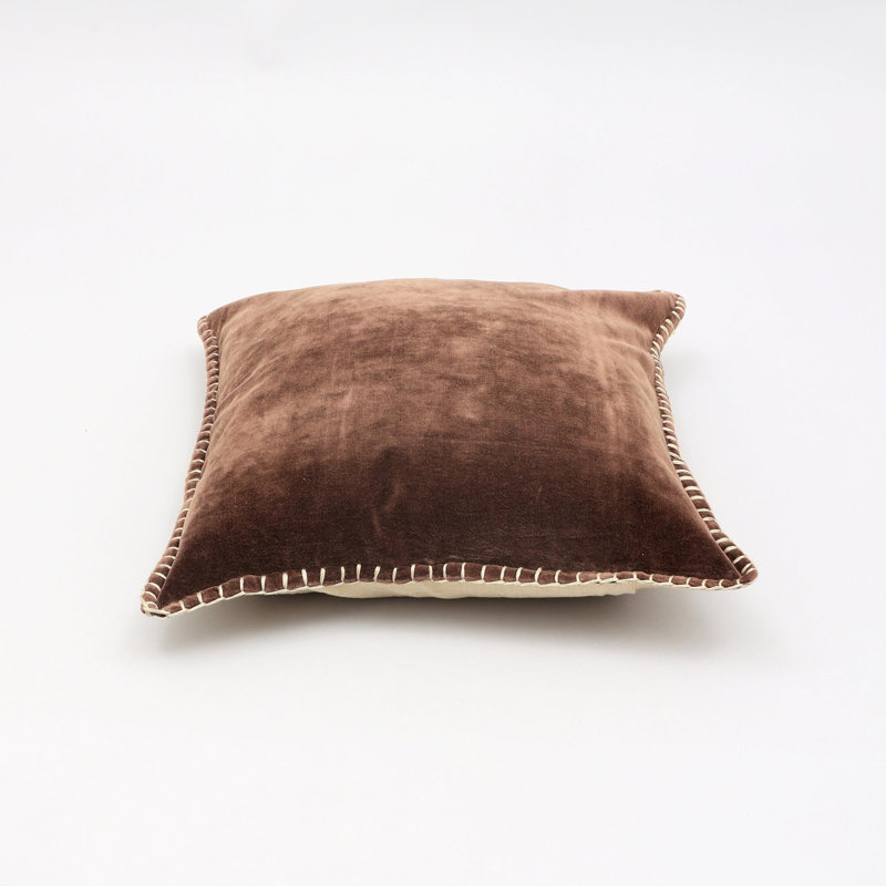 Throw Pillow | Stonewashed Cotton Velvet Throw Pillow with Decorative Handstitched Edges-18X18", Tobacco