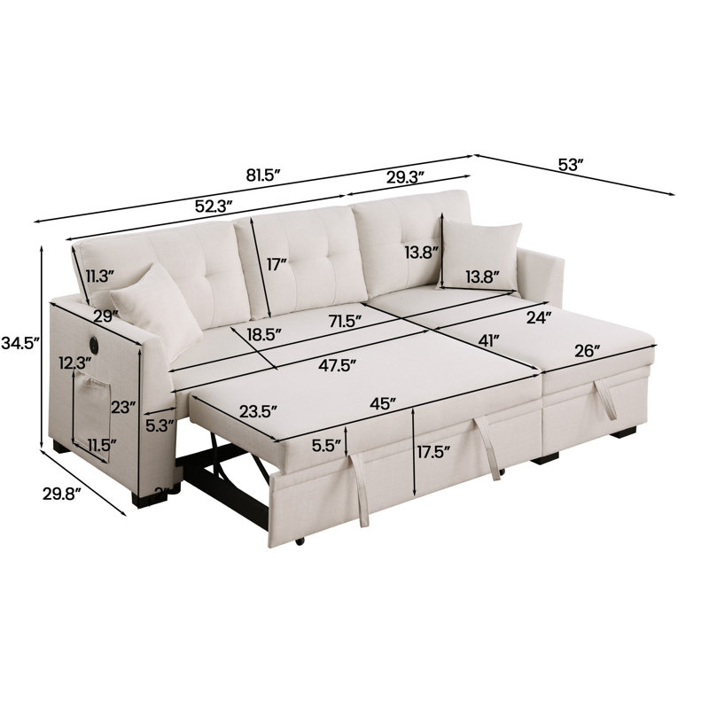 82" Reversible Sleeper Sofa with Linen Upholstery, Storage Chaise & USB Charging Port, Beige Linen Blend