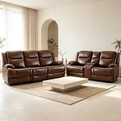 2-Piece Modern Manual Reclining Living Room Set With Loveseat With Storage Console And 3-Seat Sofa with a fixed middle seat	