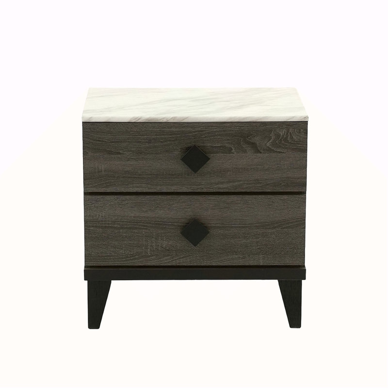 Table de chevet en bois deux tons avec 2 tiroirs, gris métallisé