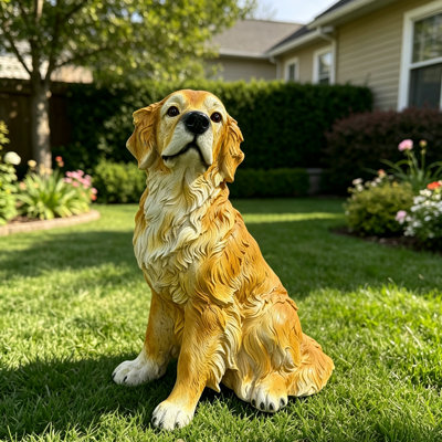 Golden Retriever Garden Statue, a lifelike earth-brown resin dog ornament, perfect for backyards, lawns, and patios.
