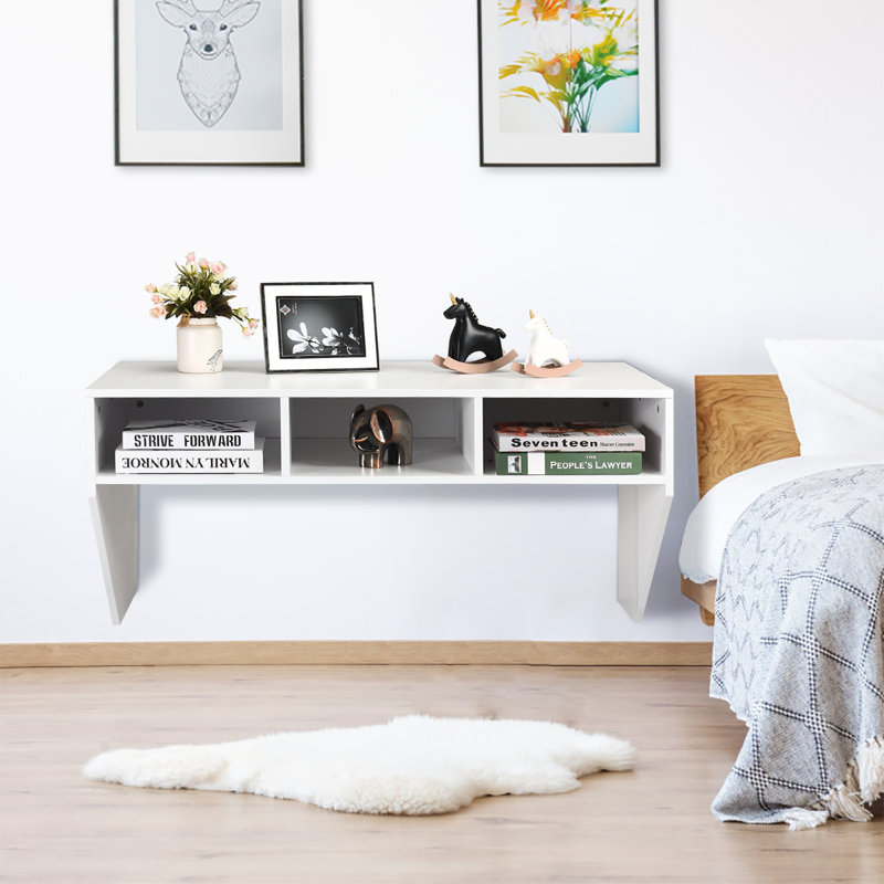 Yves Modern Wall Mounted Floating Computer Table Desk with Storage Shelves, White
