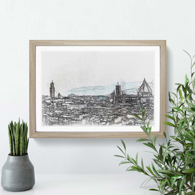 Florence Cathedral & Skyline in Italy in Abstract - Picture Frame Graphic Art Print, 60cm H x 91cm W x 2cm D, Oak