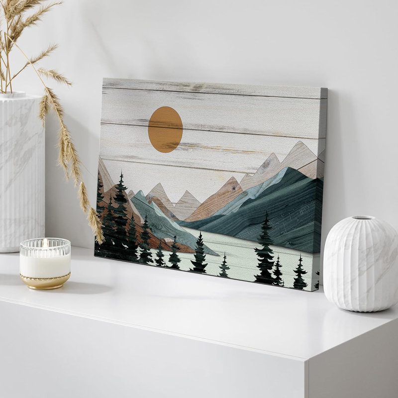 Western, effet de bois, paysage, sarcelle, pin de montagne, nature, ferme, décoration murale, chambre à coucher, impression sur toile