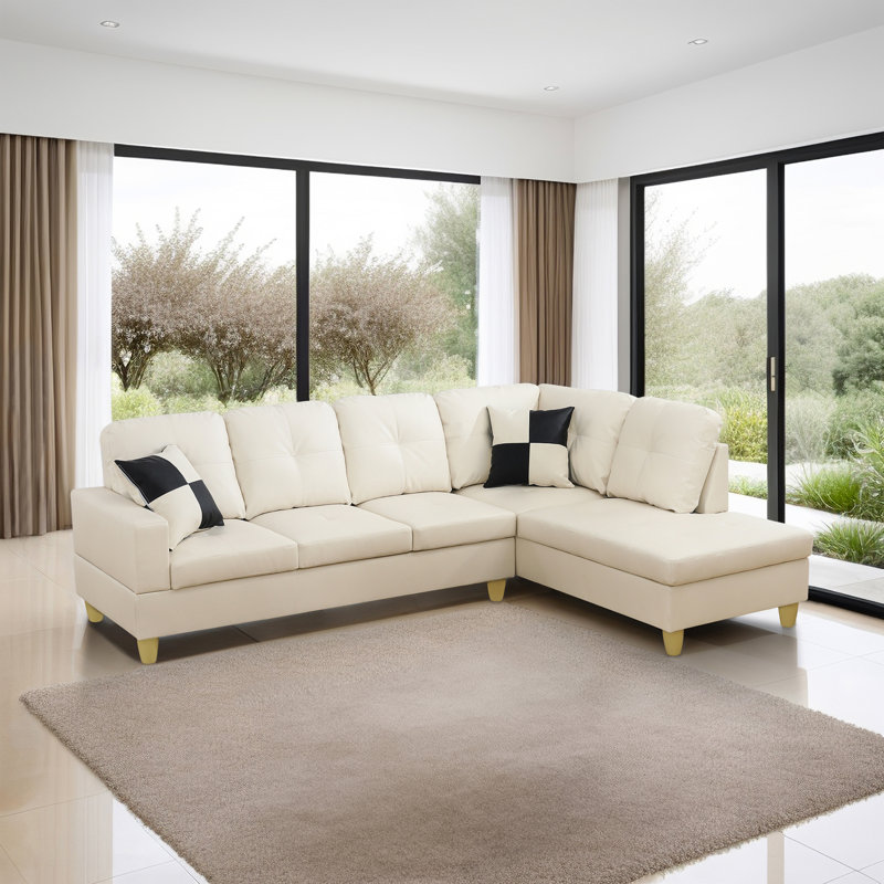 Jomal 103.5'' Faux Leather Sofa & Chaise, Off White, Off White