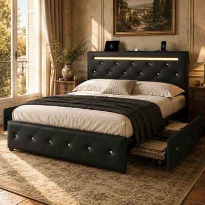 Upholstered Storage Bed Frame with LED Light, 4 Drawers, Charging Station, Diamond Tufted Adjustable Headboard, Black Faux Leather Platform Bed, No Box Spring Needed