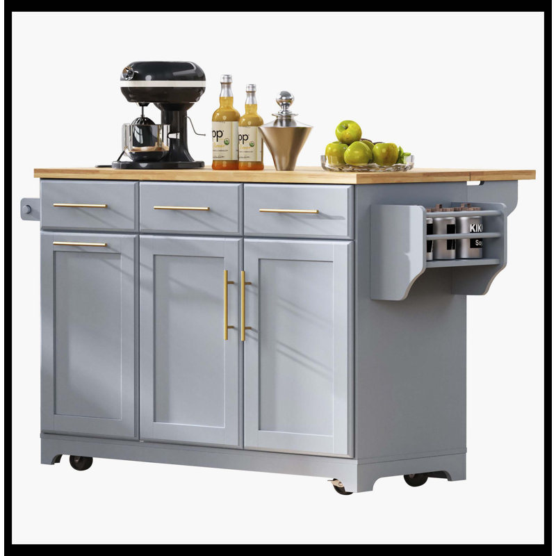 59.3" Rolling Kitchen Island With Rubber Wood Drop Leaf, 2 Pull Out Organizers, Trash Can Storage, Power Outlet, Spice & Towel Rack, Grey Blue