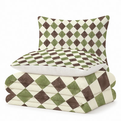 Ensemble de 3 pièces comprenant une couverture légère en flanelle de qualité supérieure et 2 taies d'oreiller à motif damier vintage vert, brun et blanc, ultra-doux et chaud, idéal en toute saison. Couverture 152 x 203 cm + 2 taies d'oreiller anti-boulochage et lavables à la machine.
