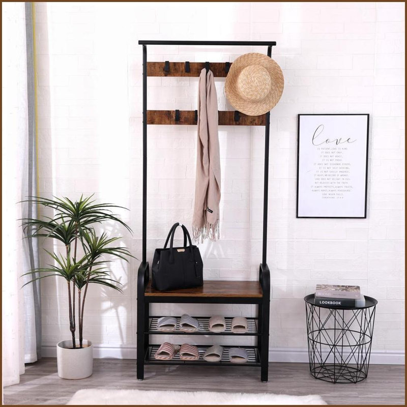 Coat Racks for Entryway, 4-in-1 Rustic Hall Tree with Shoe Bench, 9 Removable Hooks &amp; Hanging Rod, 13.8x25.2x72.8 In | Brown | MDF+Metal