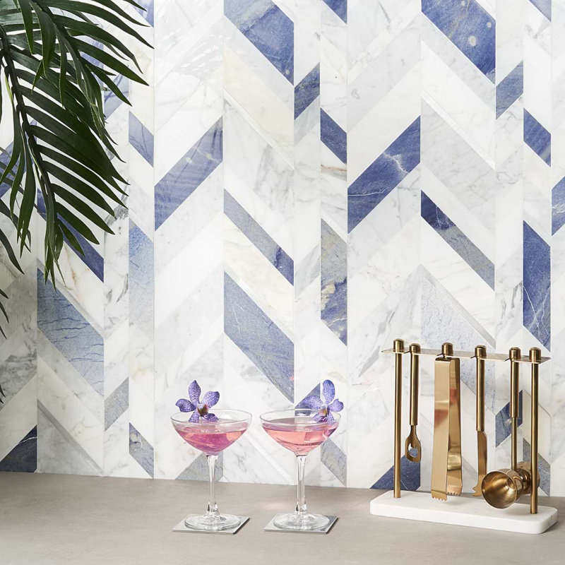 Amari 12x19 Chevron Polished Marble & Aluminum Inlay Mosaic Tile, Azur