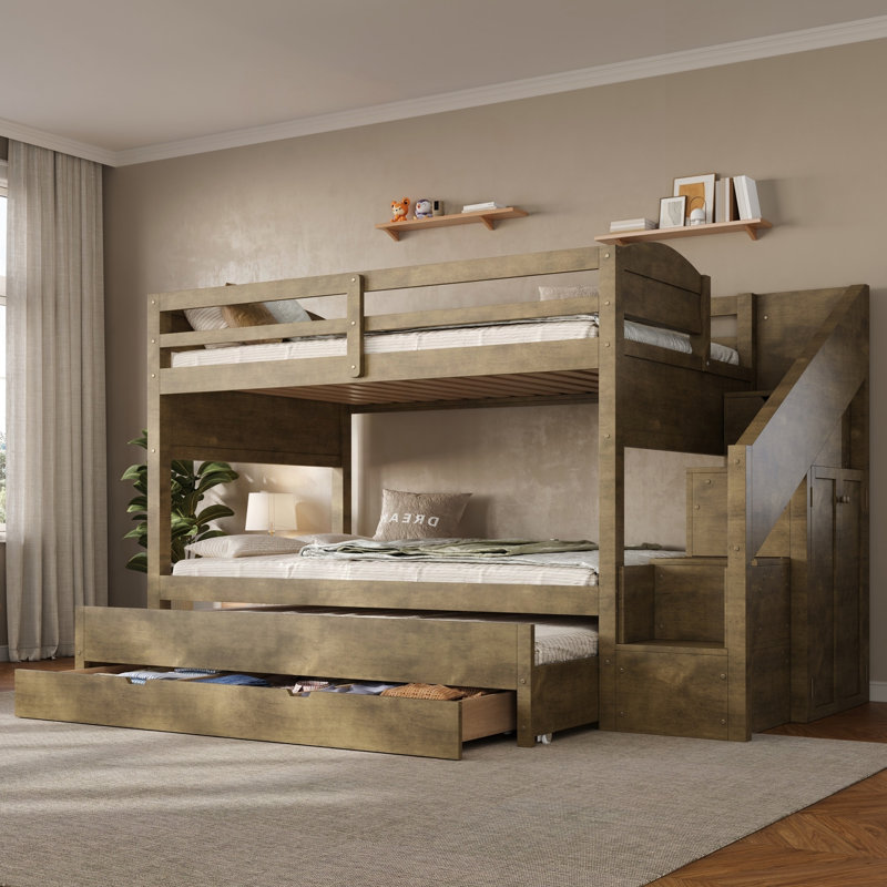 Lit simple superposé simple avec lit gigogne, trois tiroirs de rangement, escalier de rangement et garde-robe, Walnut