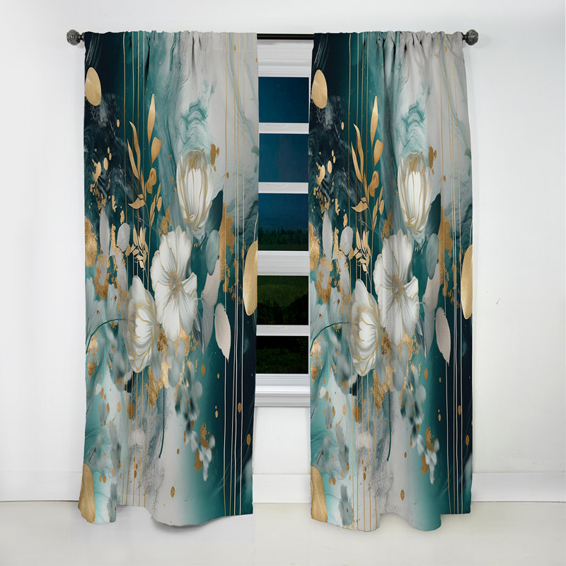 Golden Blue Marble Flowers I - Floral Curtain - Blackout Floral Curtain - 1 Panels, 52" W x 120" L