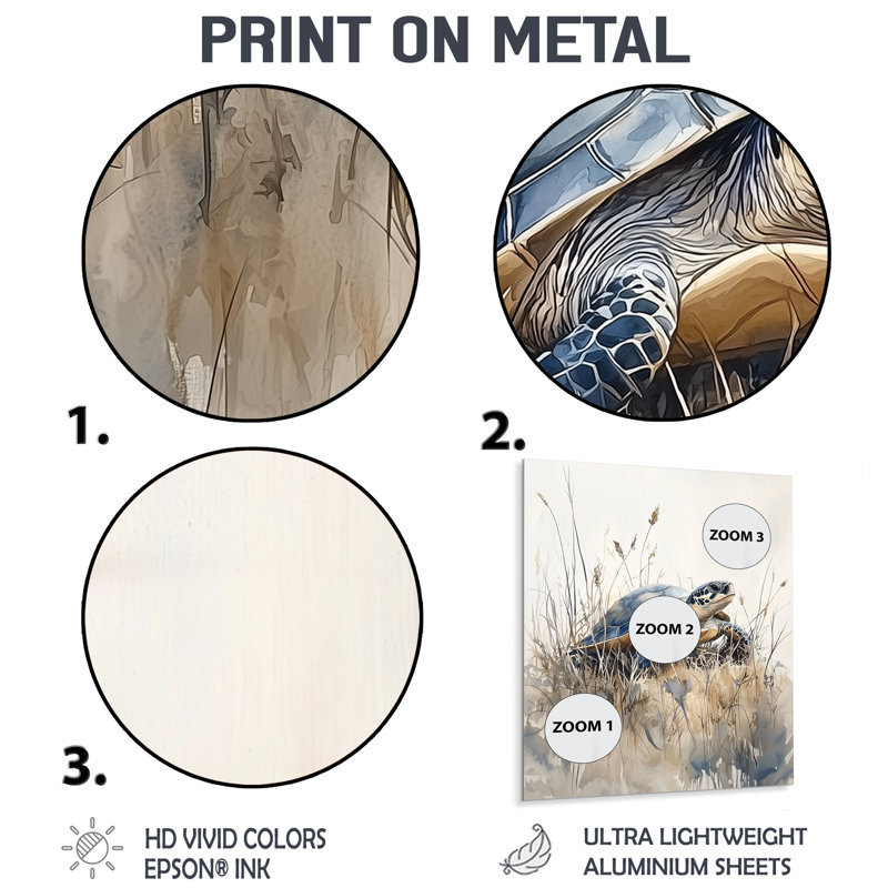 Aquarelle de tortue par la mer II - animaux, impression murale en métal, H 40 po x l 30 po