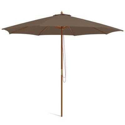 10ft Patio Wooden Market Table Umbrella Pulley With 8 Bamboo Ribs Sunshade Canopy