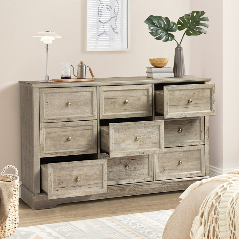 Farmhouse 9 Drawers Dresser, Storage Dressers Organizer For Bedroom, Gray