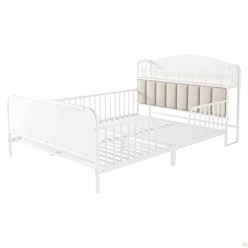 Structure de lit plateforme pleine grandeur en métal avec lumière, lit double en métal pour enfants avec tête de lit tapissier et rangement