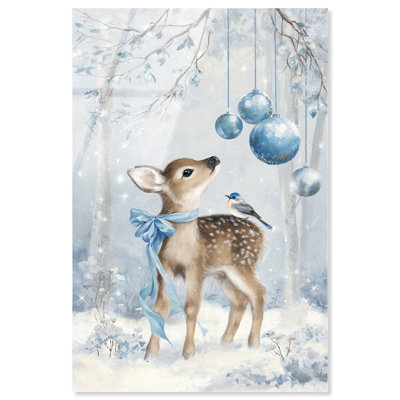 Décoration murale de Noël imprimé chevreuil bébé cerf et oiseau bleu par Art Remedy, prêt à accrocher, 20 x 30