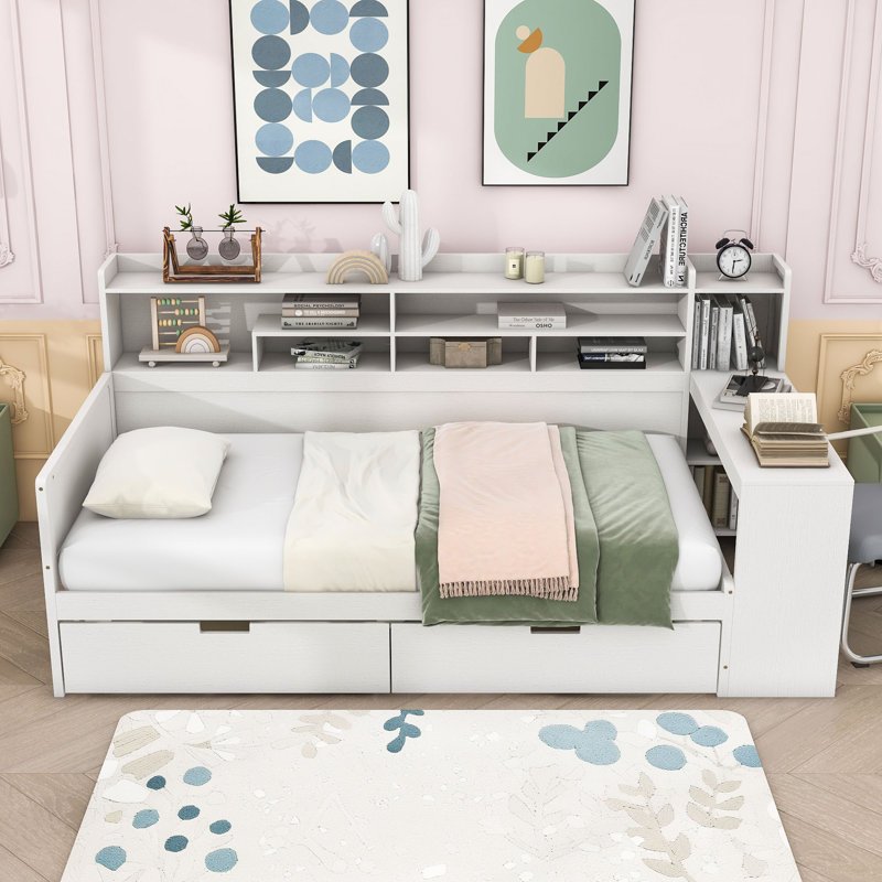 Multifunctional Wooden Daybed with Built-in Desk, Side Storage Shelves and Drawers, Twin, Antique White