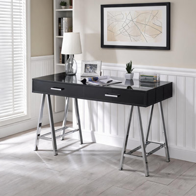 Sleek Black High Gloss Writing Desk With Chrome Finish And Spacious Drawers For Modern Home Office