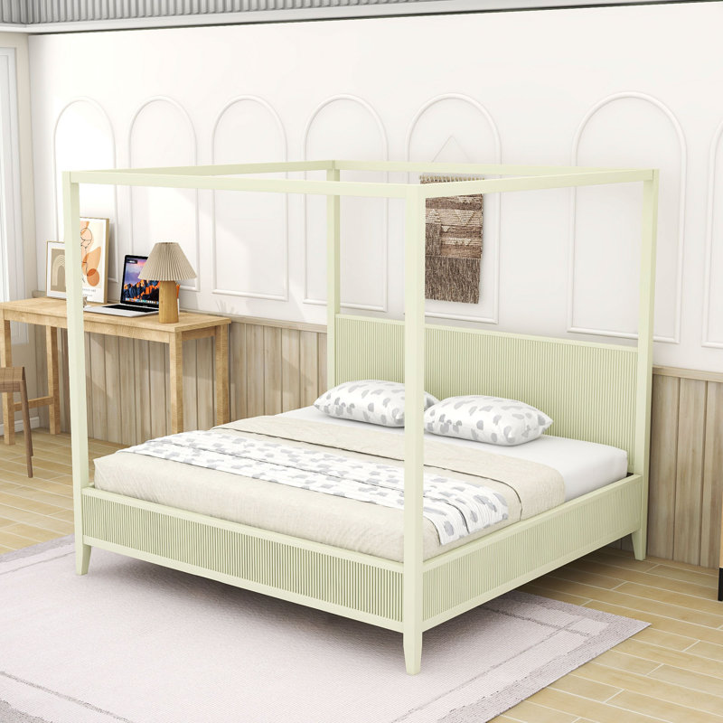 Base de lit à baldaquin en bois avec tête de lit, Beige, King