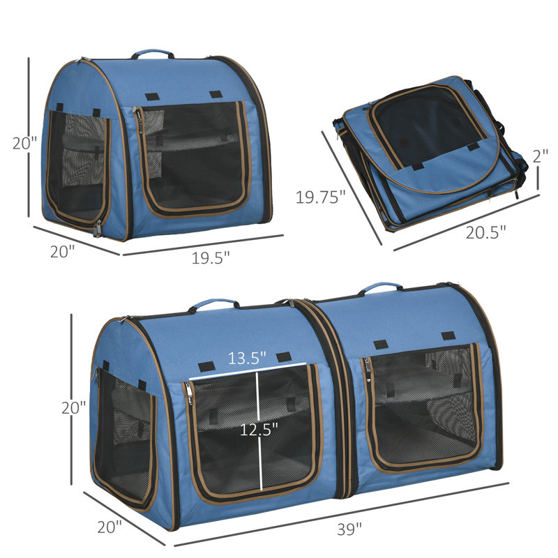 39" Portable Pet Carrier In Blue, Cloth, Detachable Feature Soft Cat Carrier, Blue. Cloth & Net Construction. Breathable And . Soft Cushions Included. Foldable With Storage Bag. 2 Zippered Netting