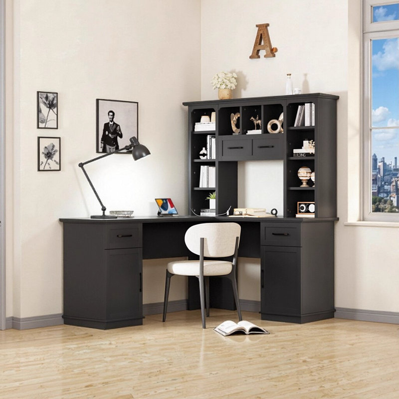 Bureau d'ordinateur en L avec 2 armoires, 2 tiroirs et 11 tablettes ouvertes - poste de travail polyvalent noir pour bureau à domicile, bureau et salon