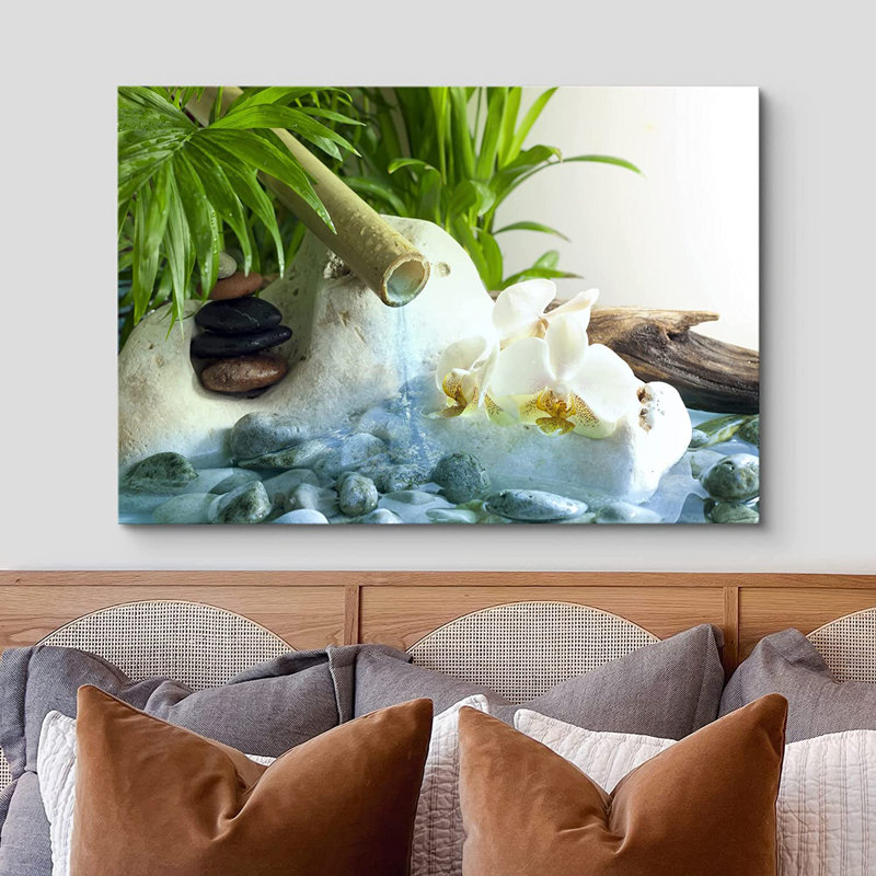 Palm orchidées et pierres zen avec chute d'eau - reproduction de photo sur toile tendue, H 12 po x l 18 po x P 2 po