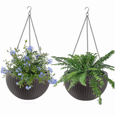 13.4 inch Self-Watering Hanging Rattan-Inspired Planter Large Capacity, Root-Rot Resistant Water Storage with Water Level Indicator, Dual-Use for Indoor & Balcony Decoration (Pack of 2, Brown)